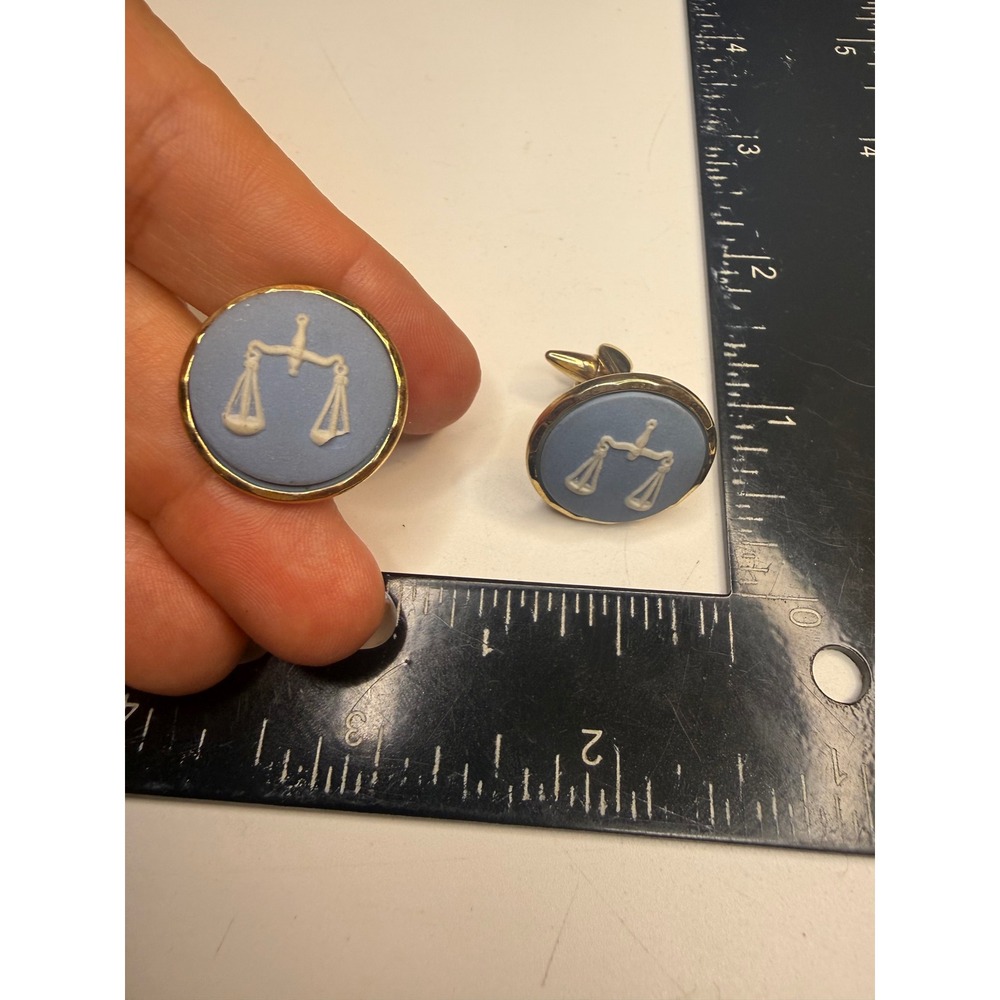 Wedgwood Jasperware Scales of Justice Blue Gold Tone Cufflinks PAT 144883